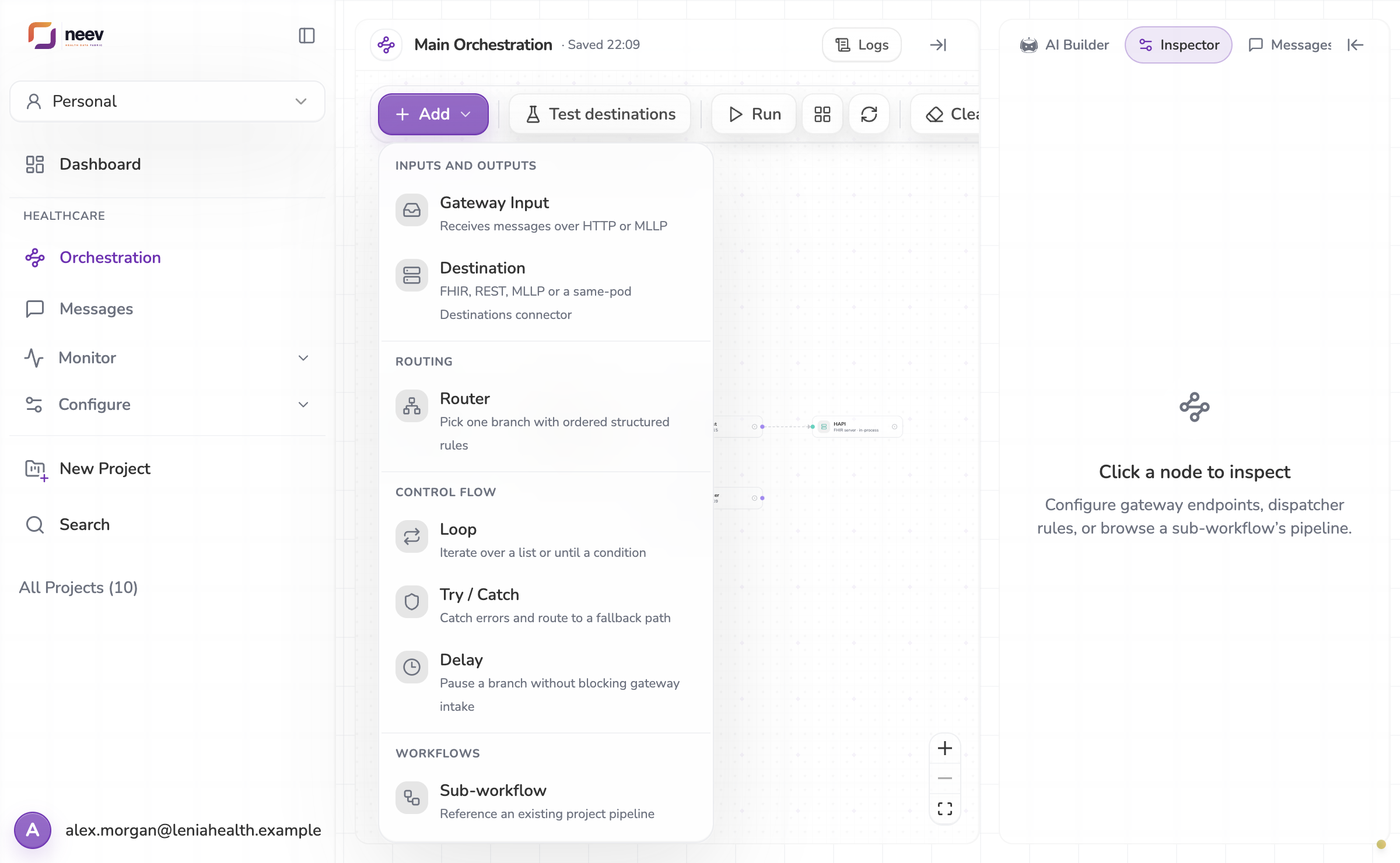 The Add menu: inputs and outputs, routing, control flow and workflows