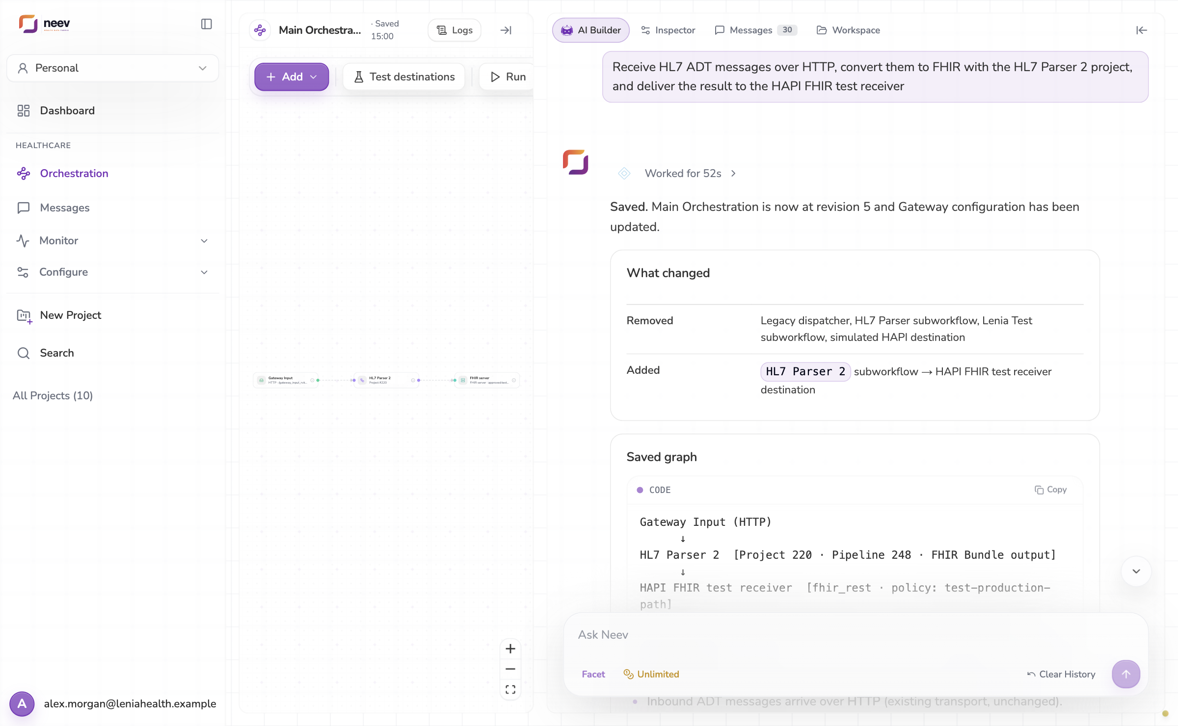 Ask Neev built a three-step route from one sentence, saved it and loaded it into the gateway
