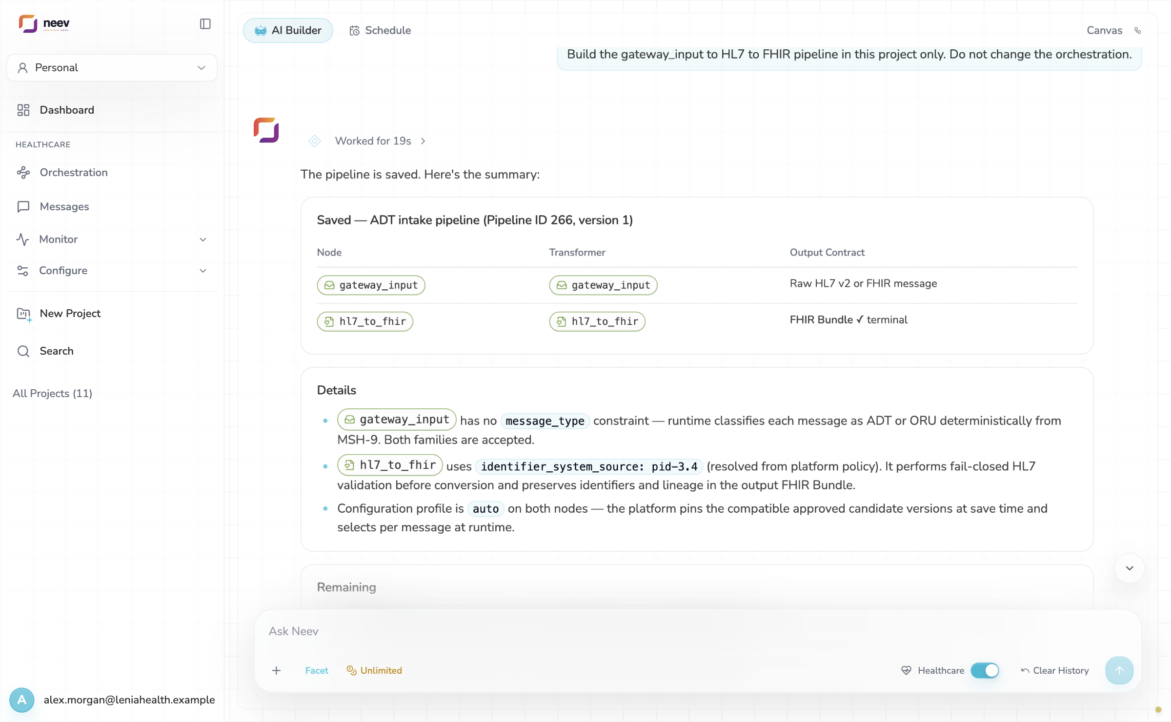 Ask Neev saved the Project pipeline: a Gateway Input and an HL7 to FHIR step that outputs a FHIR Bundle