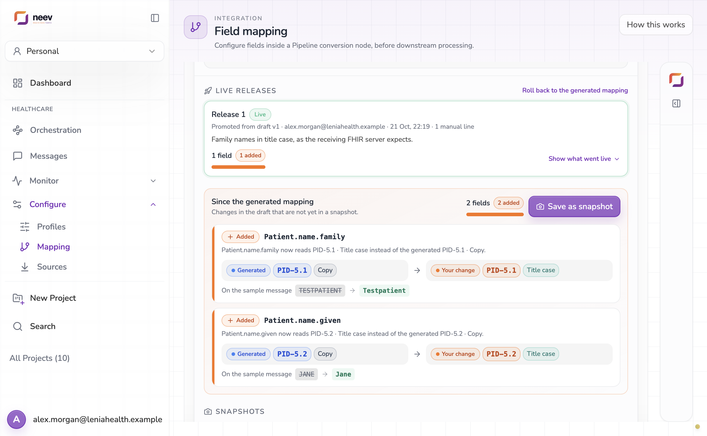 Live releases, changes since the generated mapping, snapshots and every version