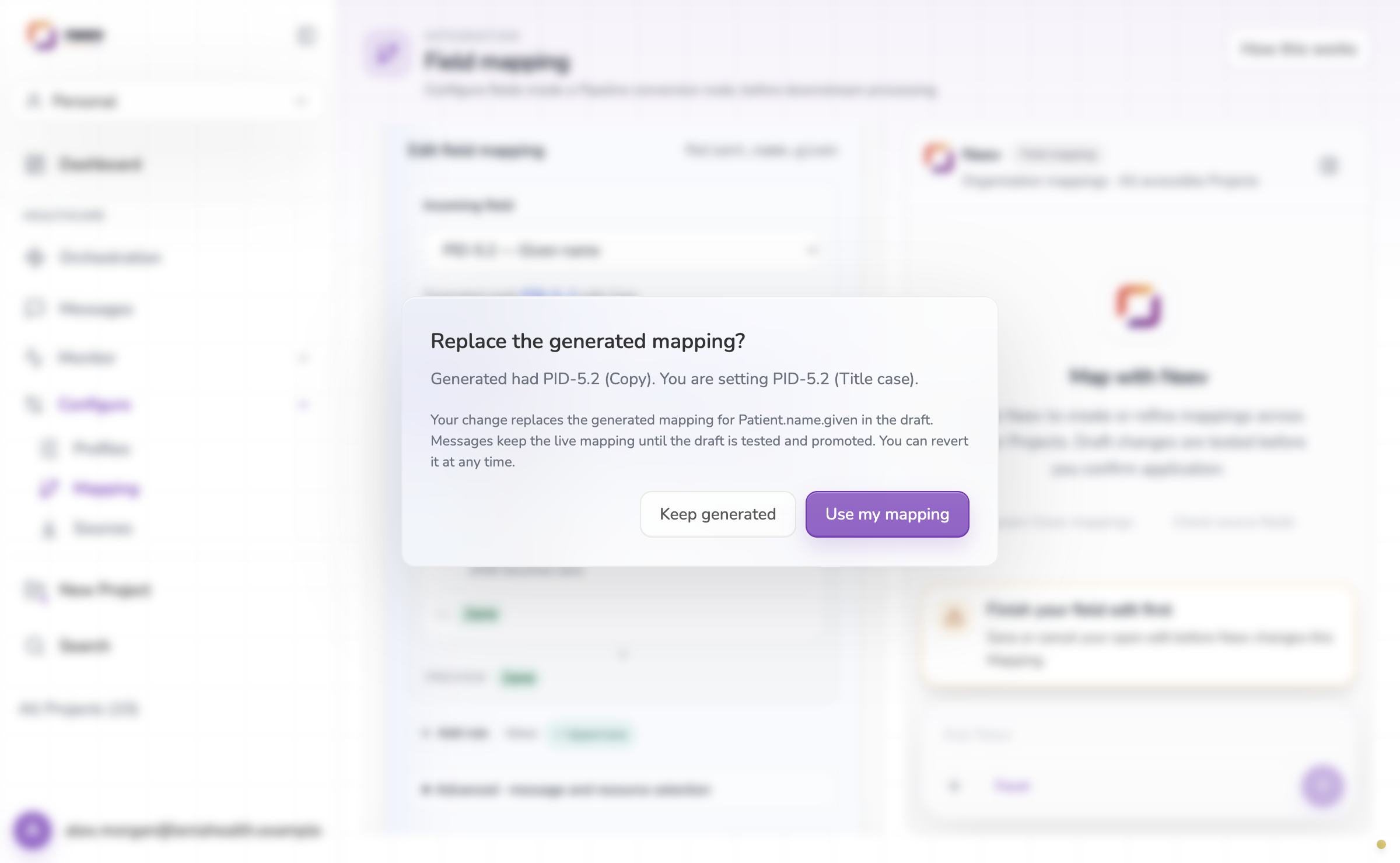 Replace the generated mapping? Messages keep the live mapping until the draft is tested and promoted.