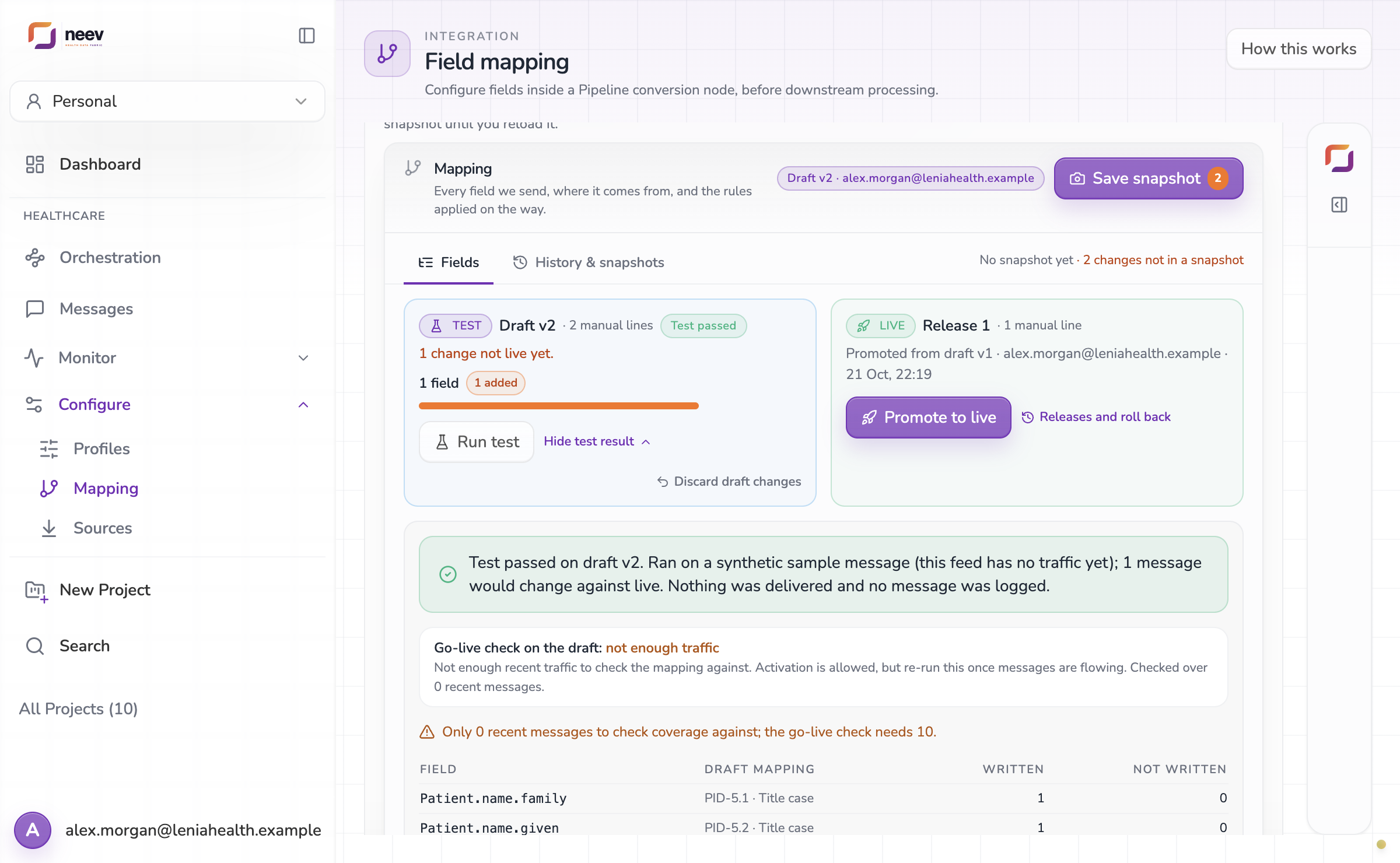 A passed test, with the go-live check and each draft line's result