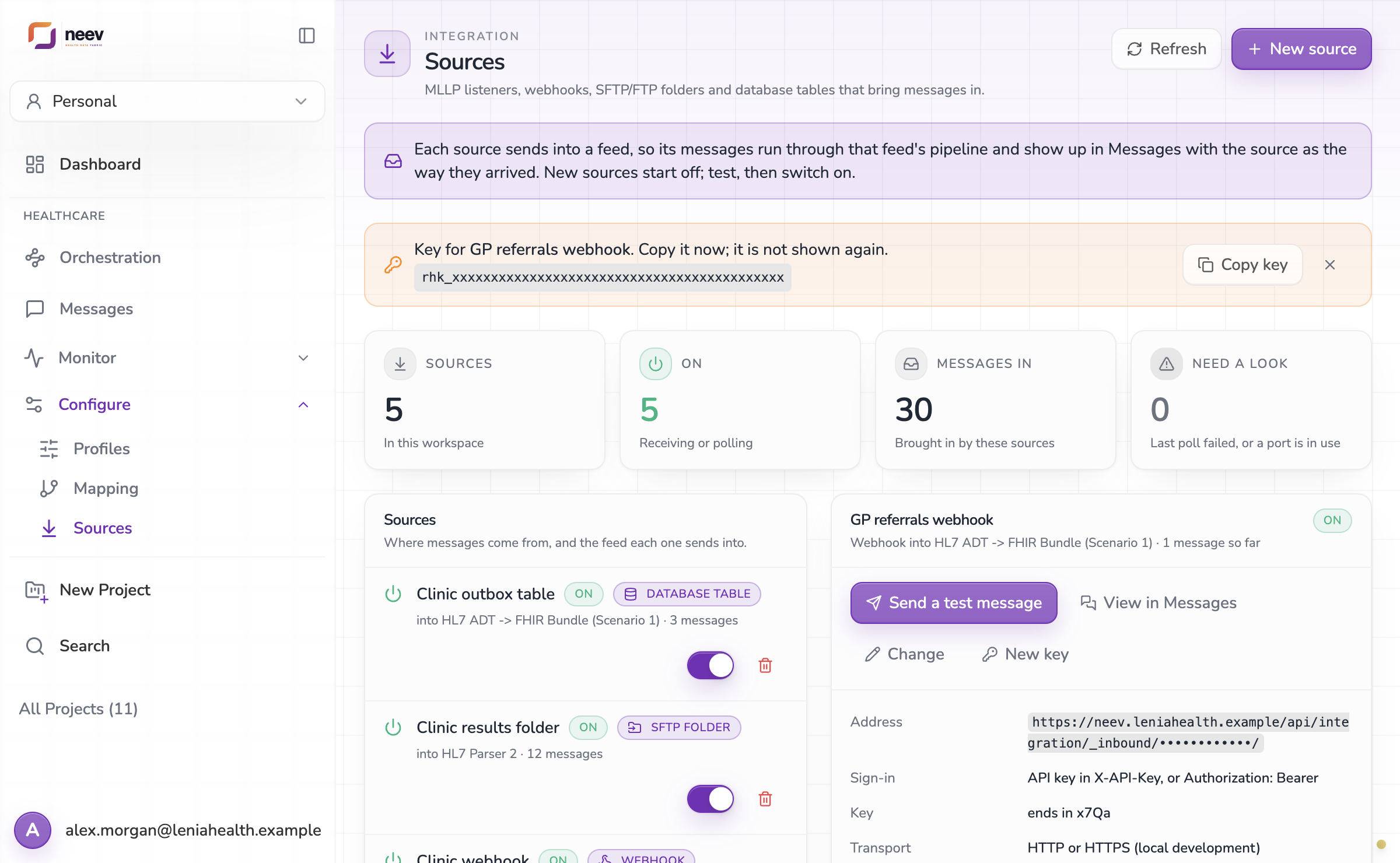 The key is shown once, straight after the webhook is added