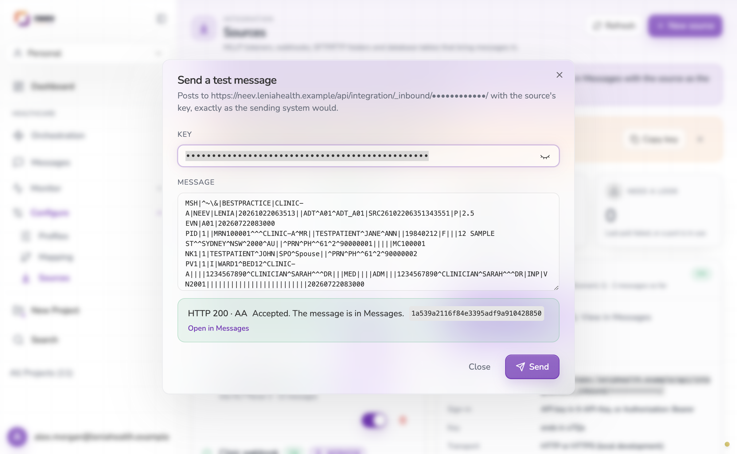 A test message accepted with HTTP 200 and AA