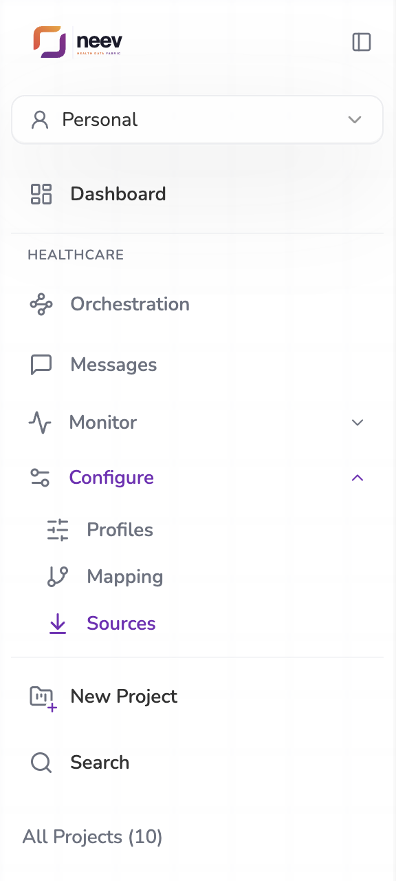 The sidebar with Configure open: Profiles, Mapping and Sources