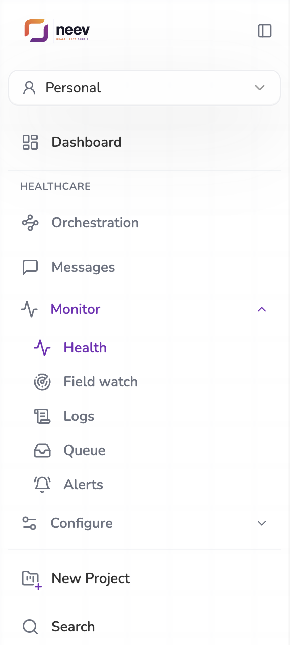 The sidebar with Monitor open: Health, Field watch, Logs, Queue and Alerts